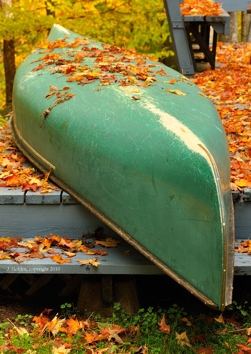 Green canoe and autumn leaves